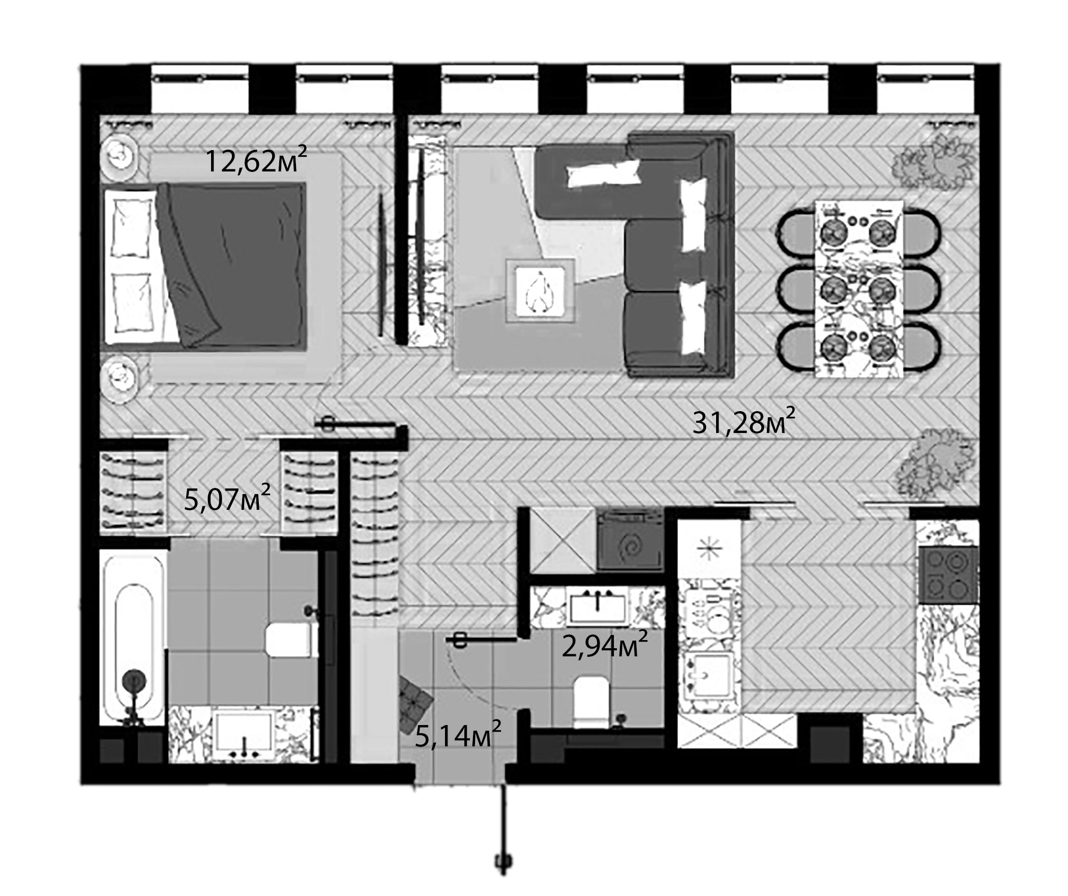 Планировка — Зорге, 9, 2-комн., 57 м²