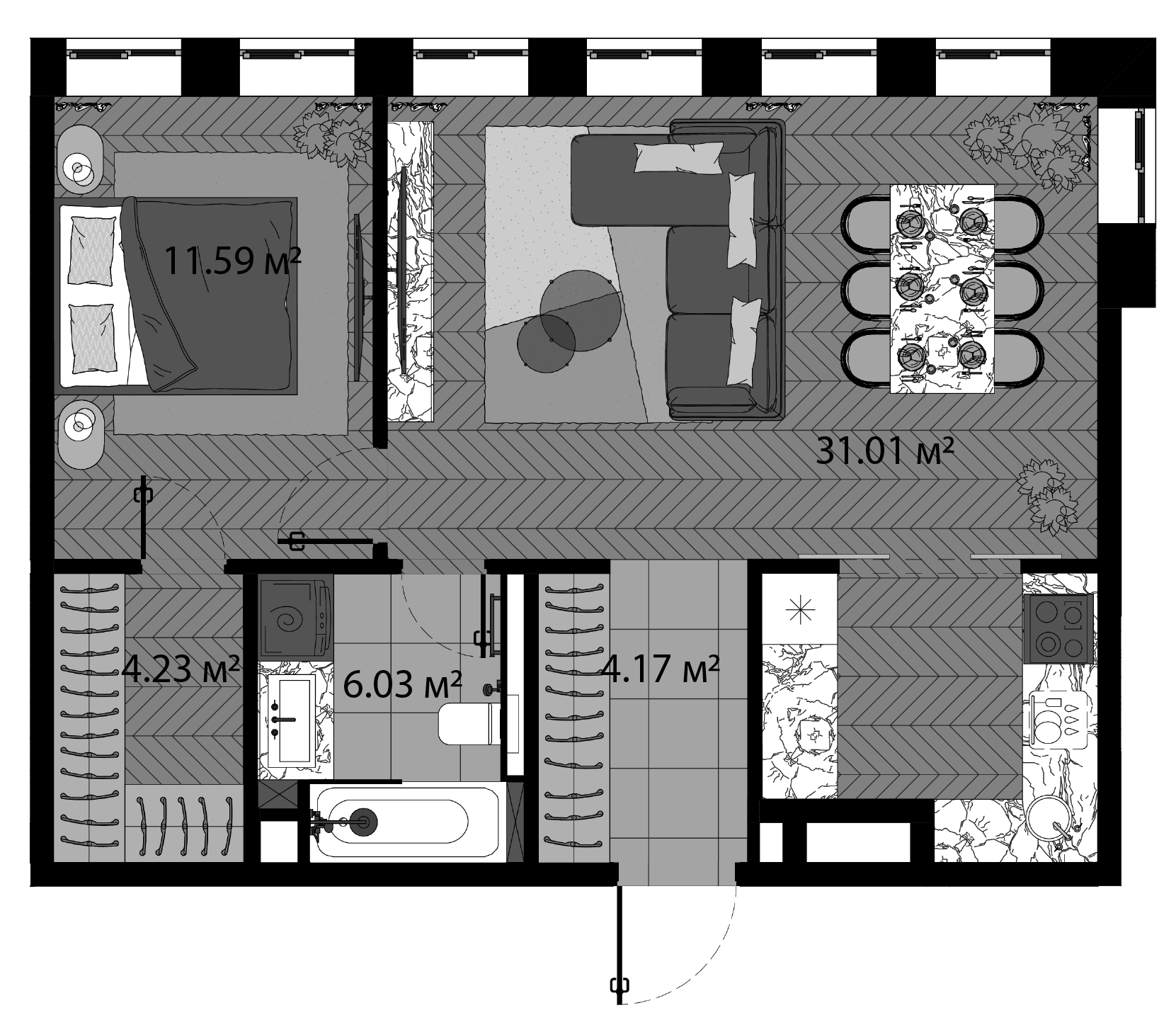 Планировка — Зорге, 9, 2-комн., 57 м²