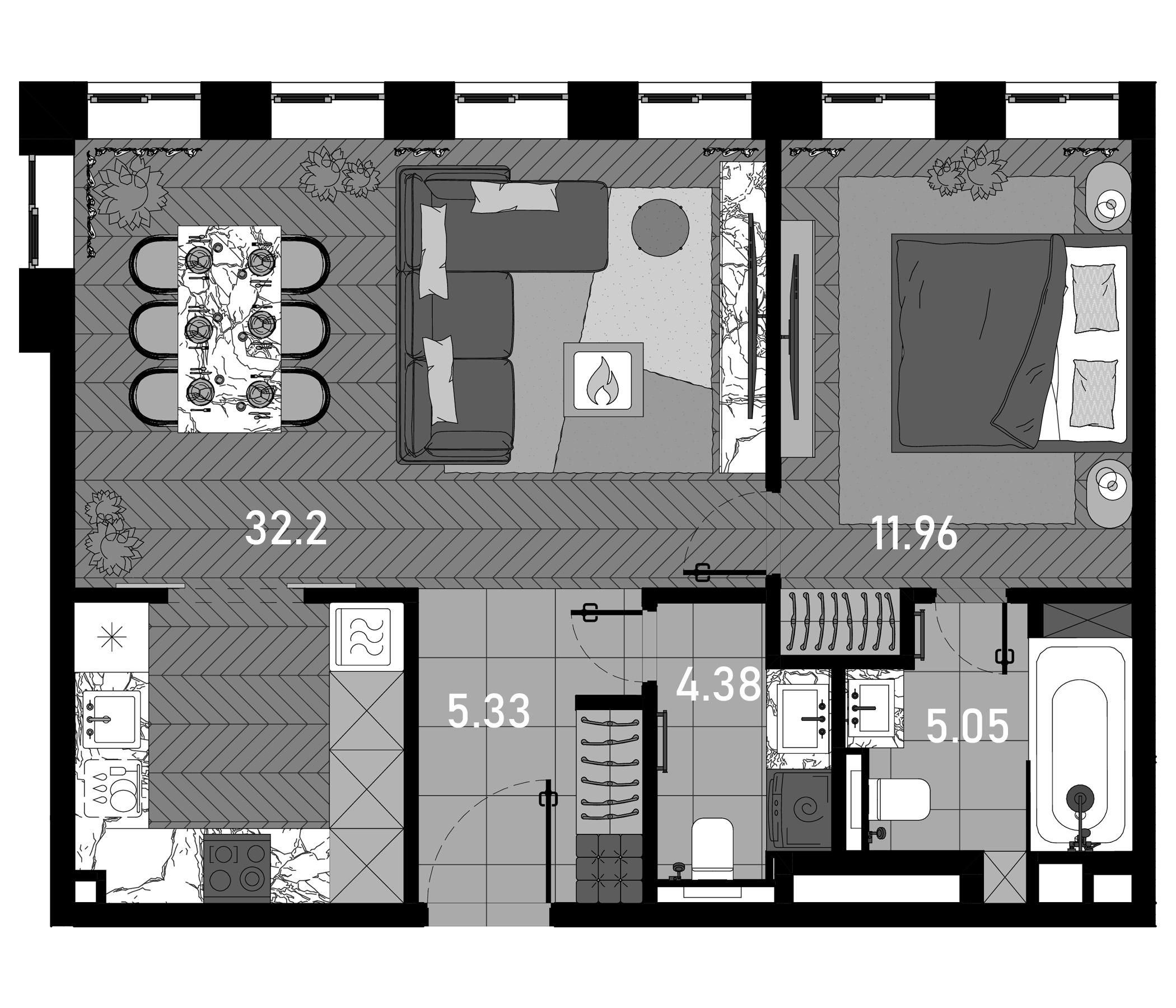 Планировка — Зорге, 9, 2-комн., 59 м²