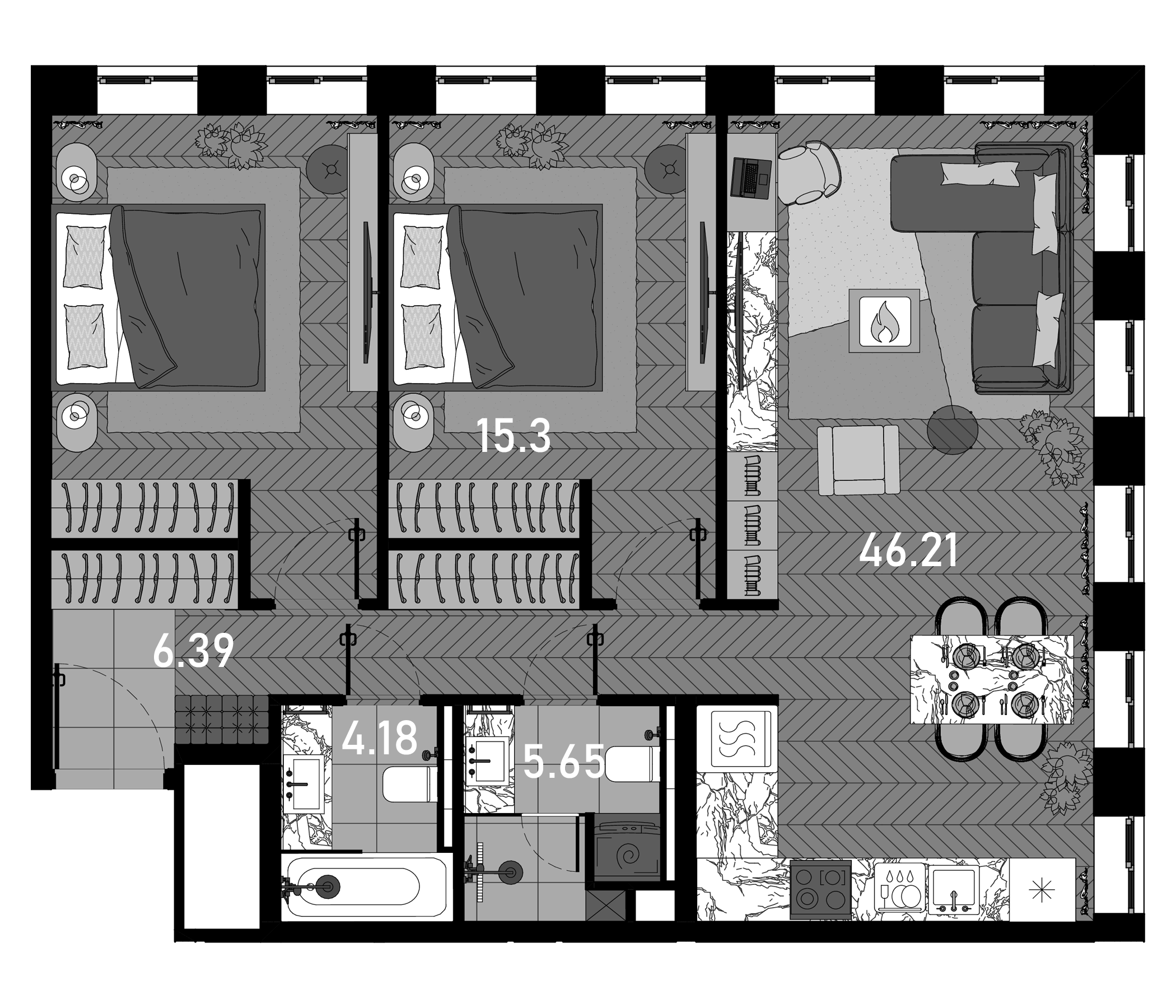 Планировка — Зорге, 9, 2-комн., 78 м²