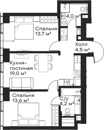 Планировка — Сити Бэй, 3-комн., 59 м²