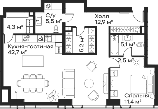 Планировка — Сити Бэй, 2-комн., 90 м²