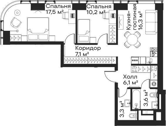 Планировка — Сити Бэй, 3-комн., 64 м²