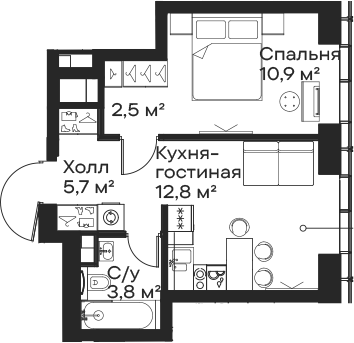 Планировка — Сити Бэй, 2-комн., 36 м²