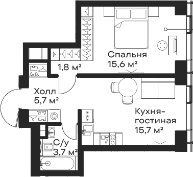 Планировка — Сити Бэй, 2-комн., 43 м²