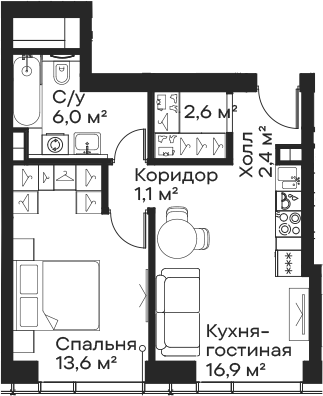 Планировка — Сити Бэй, 2-комн., 43 м²