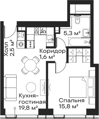 Планировка — Сити Бэй, 2-комн., 45 м²