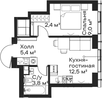 Планировка — Сити Бэй, 2-комн., 33 м²