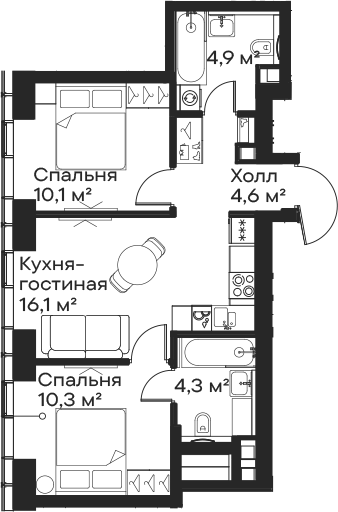 Планировка — Сити Бэй, 3-комн., 50 м²