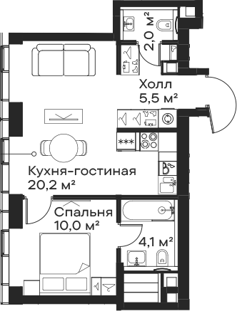 Планировка — Сити Бэй, 2-комн., 42 м²