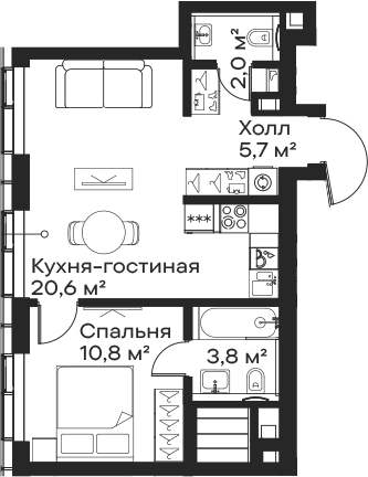 Планировка — Сити Бэй, 2-комн., 43 м²