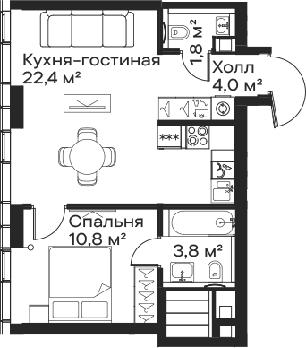 Планировка — Сити Бэй, 2-комн., 43 м²
