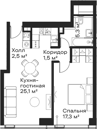 Планировка — Сити Бэй, 2-комн., 52 м²