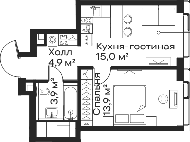 Планировка — Сити Бэй, 1-комн., 38 м²