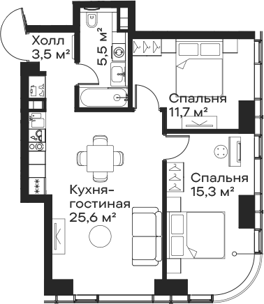 Планировка — Сити Бэй, 3-комн., 62 м²