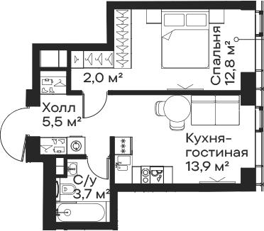 Планировка — Сити Бэй, 2-комн., 38 м²