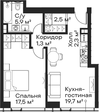 Планировка — Сити Бэй, 2-комн., 49 м²