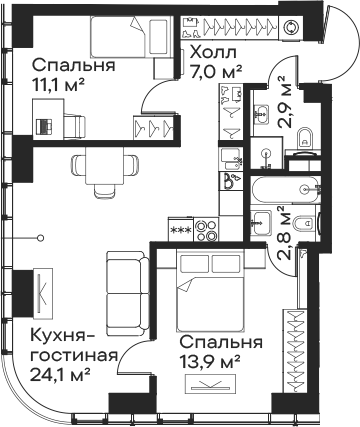 Планировка — Сити Бэй, 3-комн., 62 м²