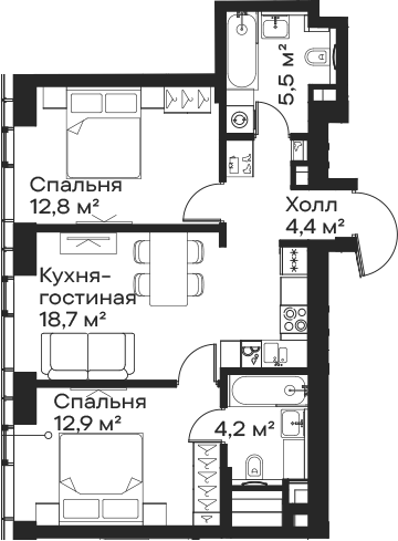 Планировка — Сити Бэй, 3-комн., 59 м²