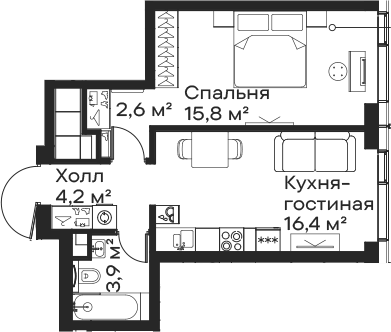 Планировка — Сити Бэй, 2-комн., 43 м²