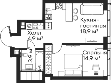 Планировка — Сити Бэй, 1-комн., 43 м²