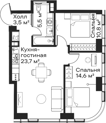 Планировка — Сити Бэй, 3-комн., 58 м²