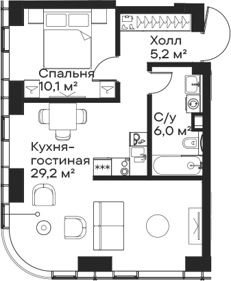 Планировка — Сити Бэй, 2-комн., 51 м²