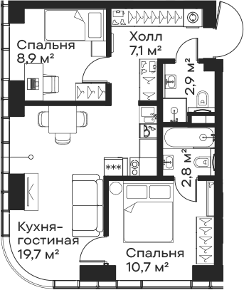 Планировка — Сити Бэй, 3-комн., 52 м²