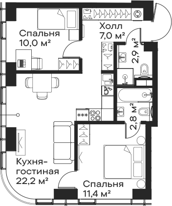 Планировка — Сити Бэй, 3-комн., 56 м²