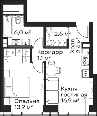 Планировка — Сити Бэй, 2-комн., 43 м²