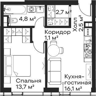 Планировка — Сити Бэй, 2-комн., 41 м²