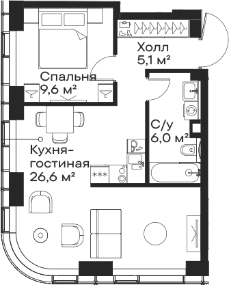 Планировка — Сити Бэй, 2-комн., 47 м²