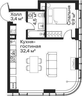 Планировка — Сити Бэй, 2-комн., 50 м²