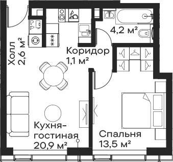 Планировка — Сити Бэй, 2-комн., 42 м²
