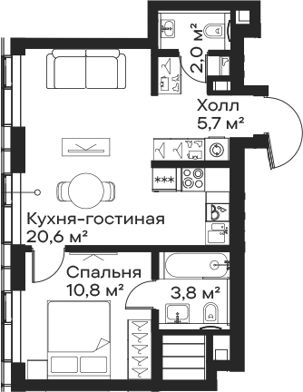 Планировка — Сити Бэй, 2-комн., 43 м²