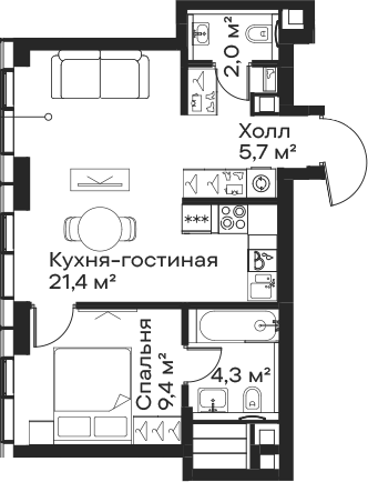 Планировка — Сити Бэй, 2-комн., 43 м²