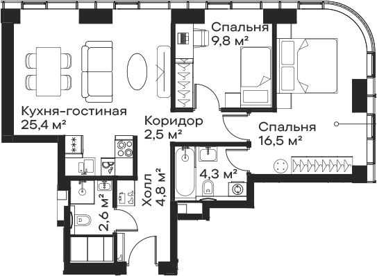 Планировка — Сити Бэй, 3-комн., 66 м²