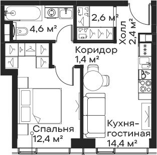 Планировка — Сити Бэй, 2-комн., 38 м²