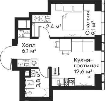 Планировка — Сити Бэй, 2-комн., 34 м²