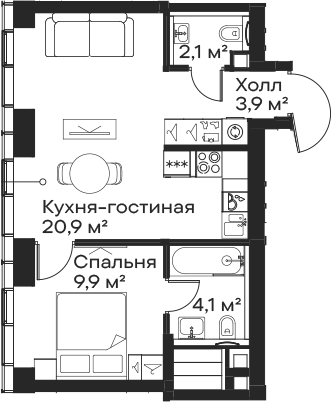 Планировка — Сити Бэй, 2-комн., 41 м²