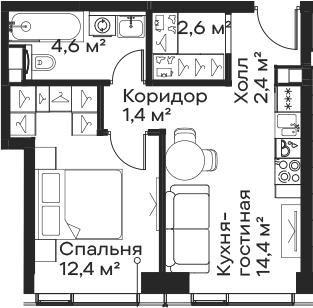 Планировка — Сити Бэй, 2-комн., 38 м²