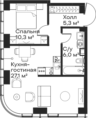 Планировка — Сити Бэй, 2-комн., 49 м²