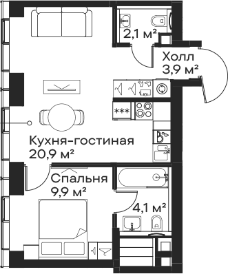 Планировка — Сити Бэй, 2-комн., 41 м²