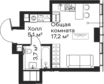 Планировка — Сити Бэй, Студия, 26 м²