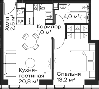 Планировка — Сити Бэй, 2-комн., 42 м²