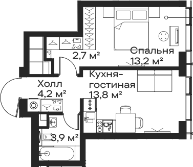 Планировка — Сити Бэй, 2-комн., 38 м²