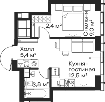 Планировка — Сити Бэй, 2-комн., 33 м²