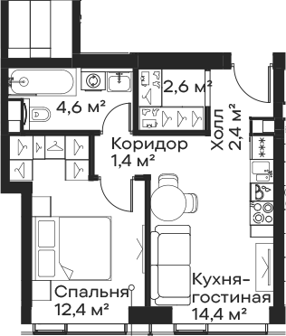 Планировка — Сити Бэй, 2-комн., 38 м²