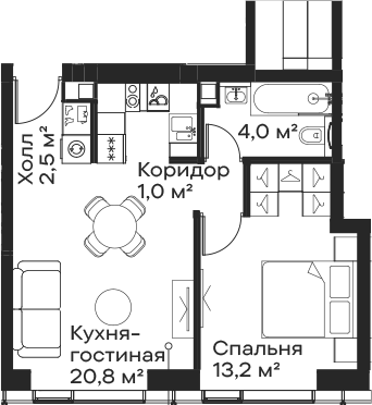 Планировка — Сити Бэй, 2-комн., 42 м²
