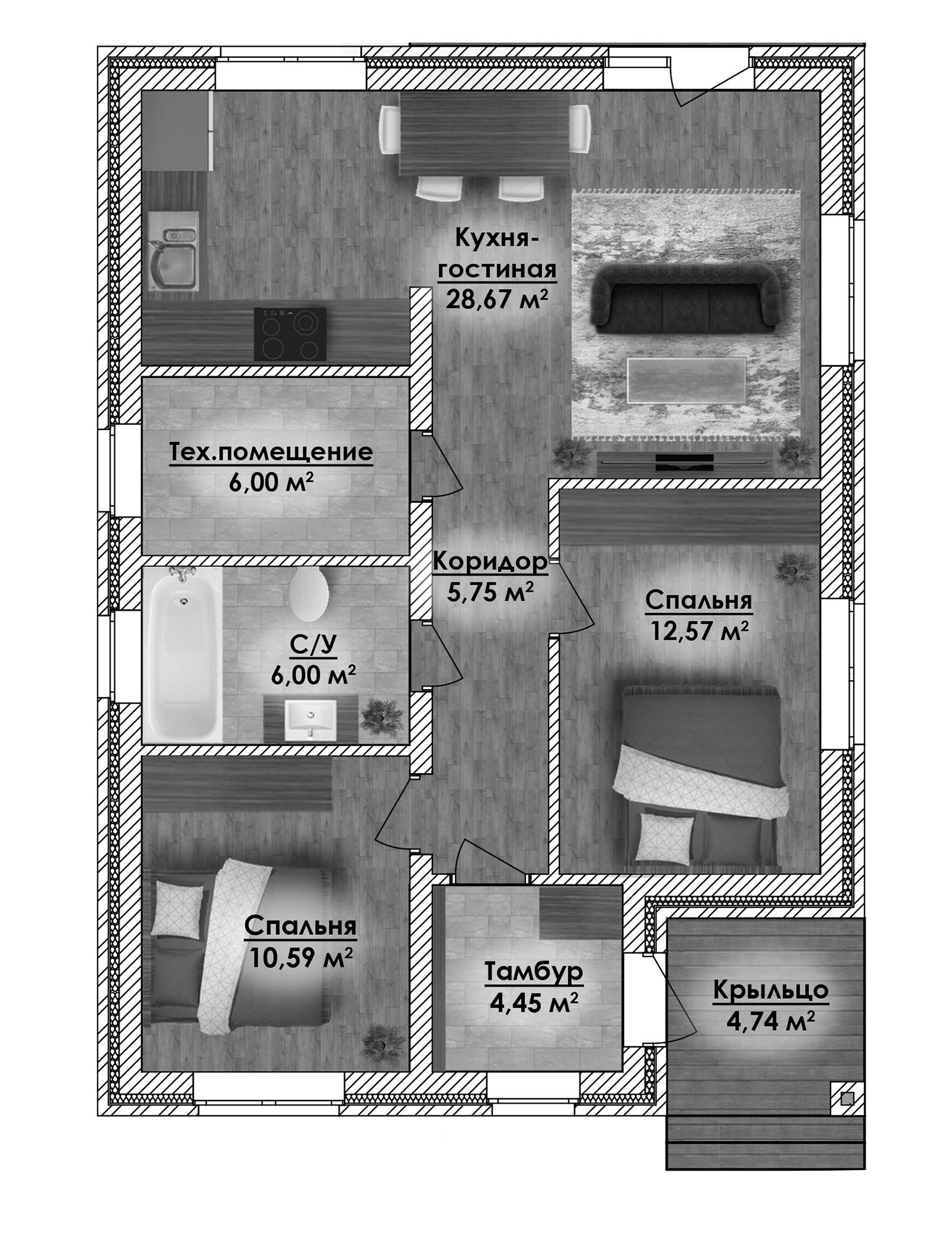 Планировка — Коттеджный поселок ВамДом Петровское, 2-комн., 78 м²